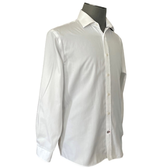 TOMMY HILFIGER White Slim Fit Non-Iron Dress Shirt Mens Long Sleeve Cotton Shirt - Picture 3 of 5